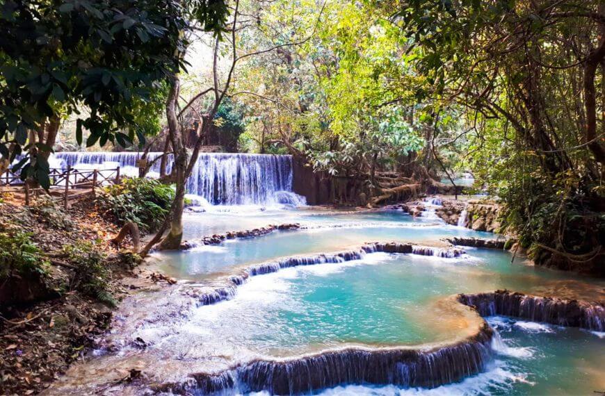 kuang si falls in luang prabang a popular stop on a backpackers route of southeast asia