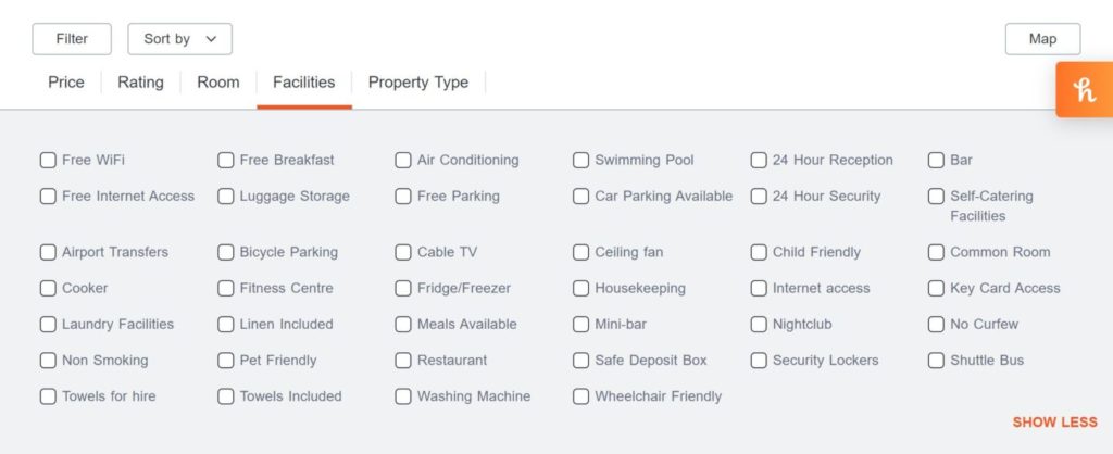 hostelworld list of facilities and amenities - hostels vs hotels