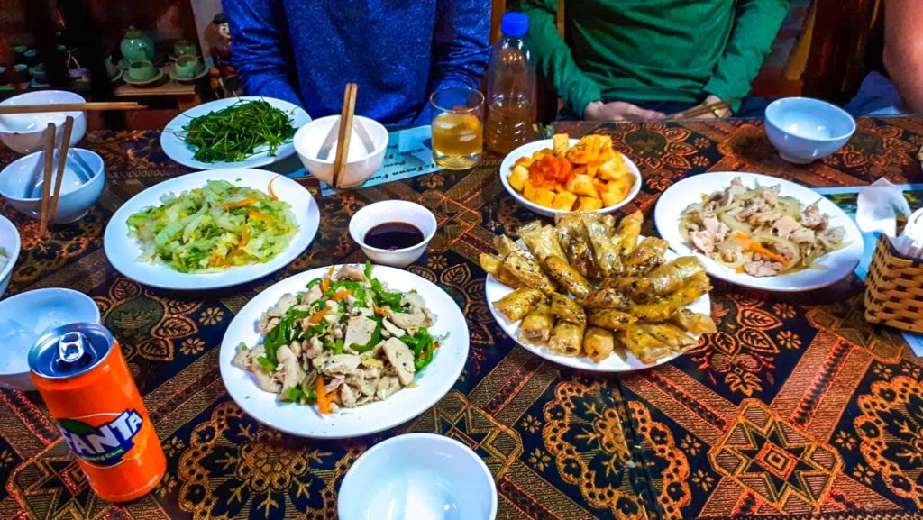 Table full of vietnames food we ate during slowly travel trip