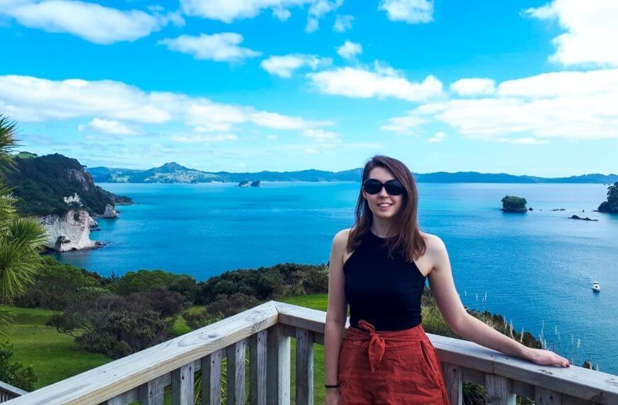 me on the platform looking at the cathedral cove landscape