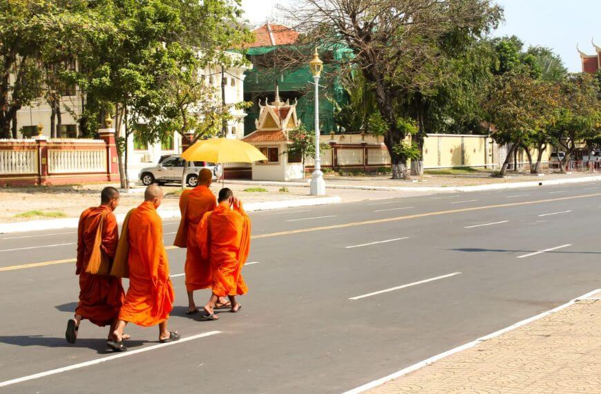 Monks walking through the streets of Cambodia