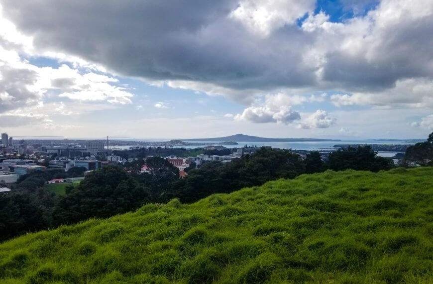 view of rangitoto island from the top of Mt Eden