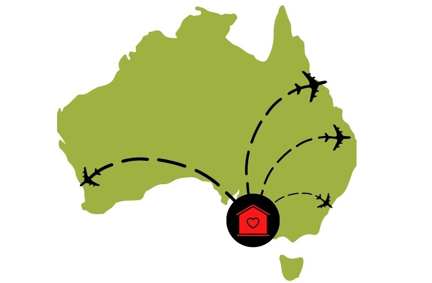 map of australia graphic with a home base and flight paths leaving that place