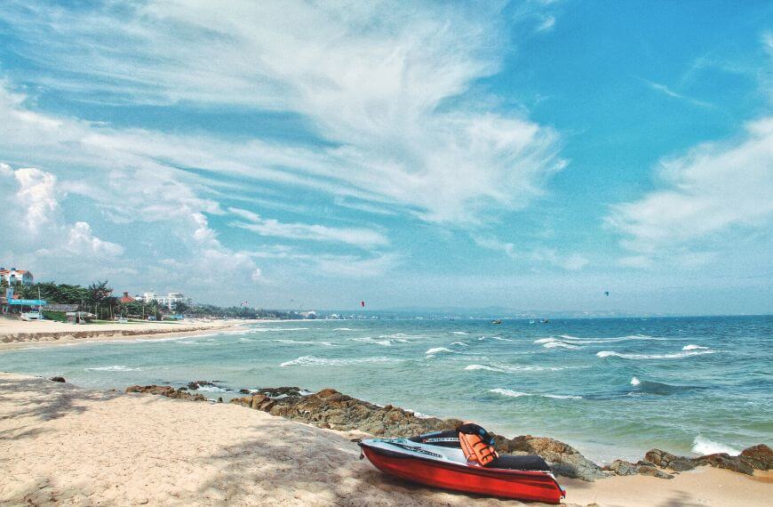 small boat on the coast of mui ne, phan thiet vietnam