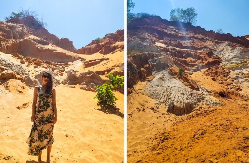 person standing on a sand bank under red sandy cliff