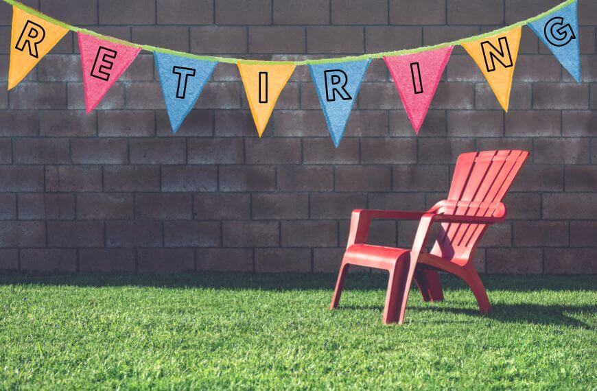 garden scene with a string of bunting flags spelling out the word "retiring"