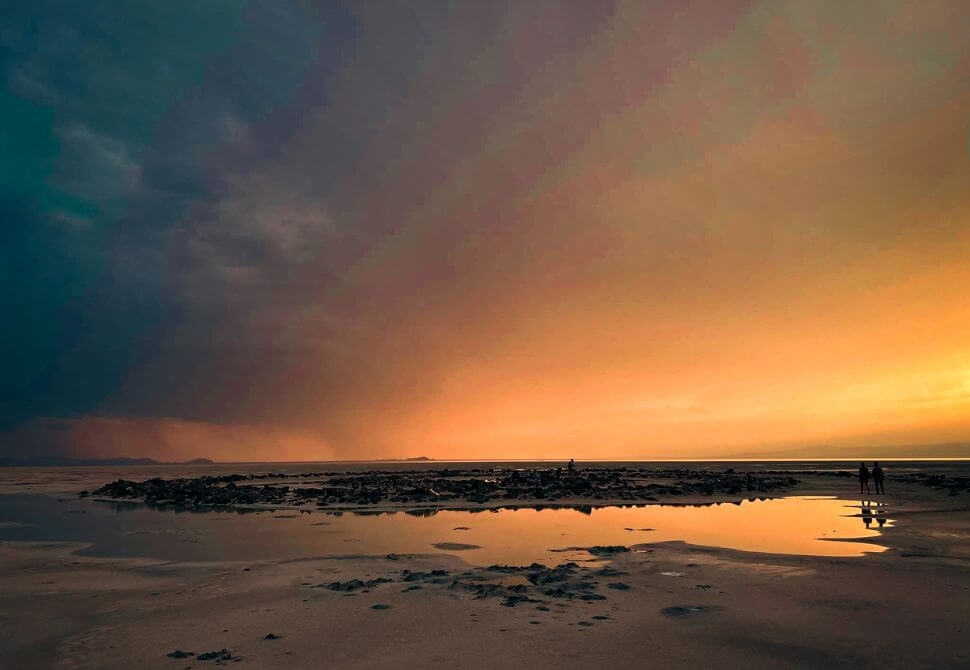 The Spiral Jetty in Utah at sunset
