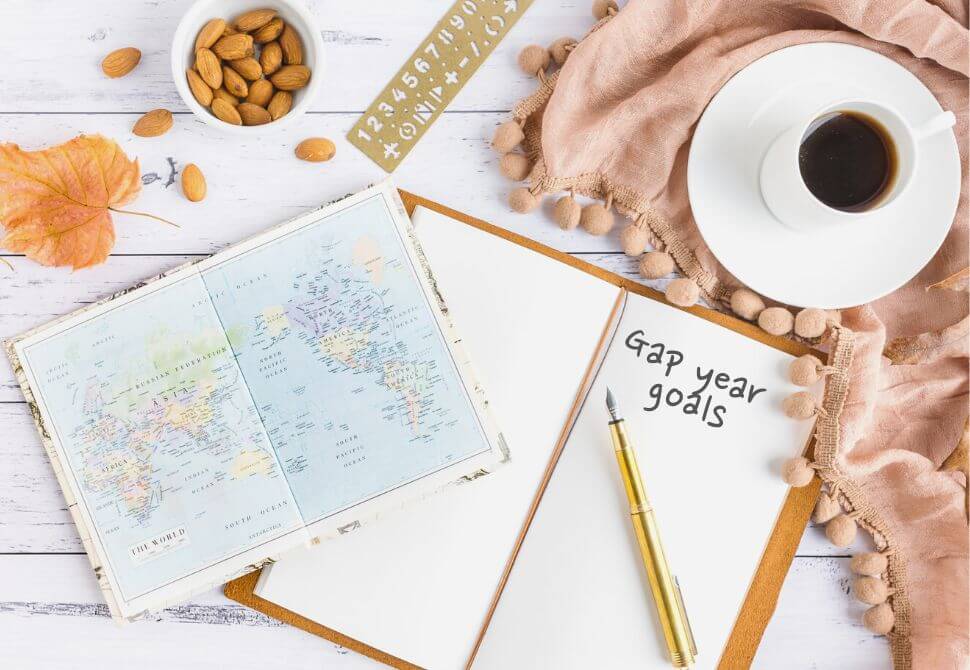 notebook with "gap year goals" written inside