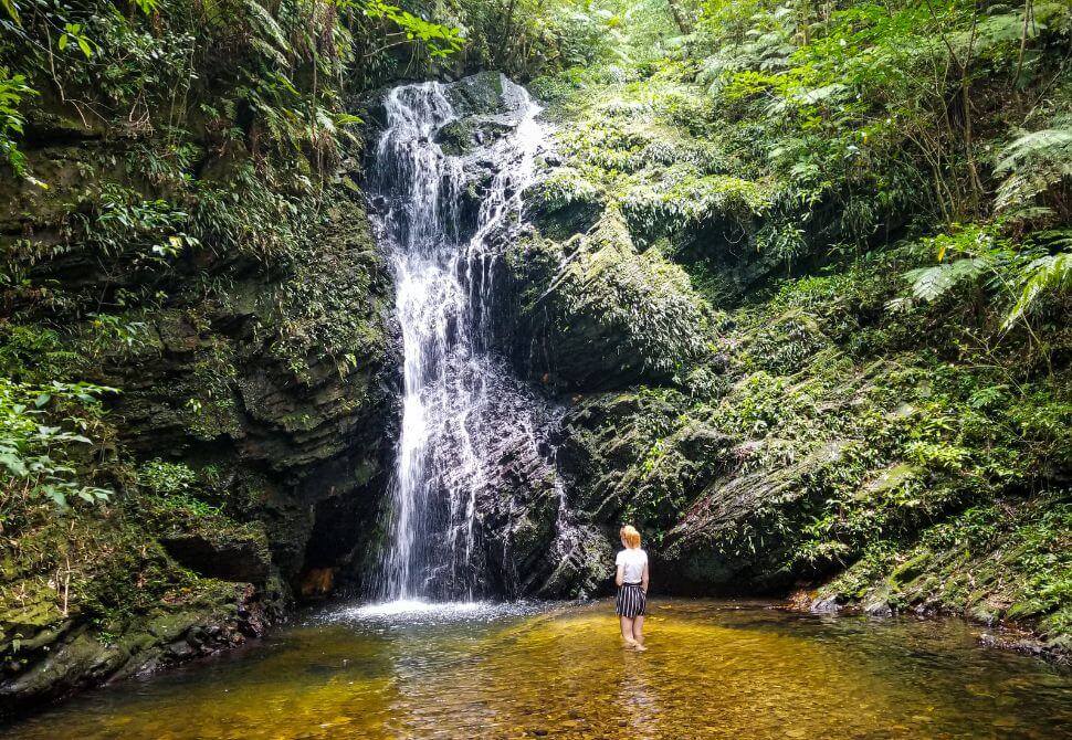Large waterfall with knee deep water pool at the bottom surrounded by trees - one of the hidden waterfalls in Okinawa