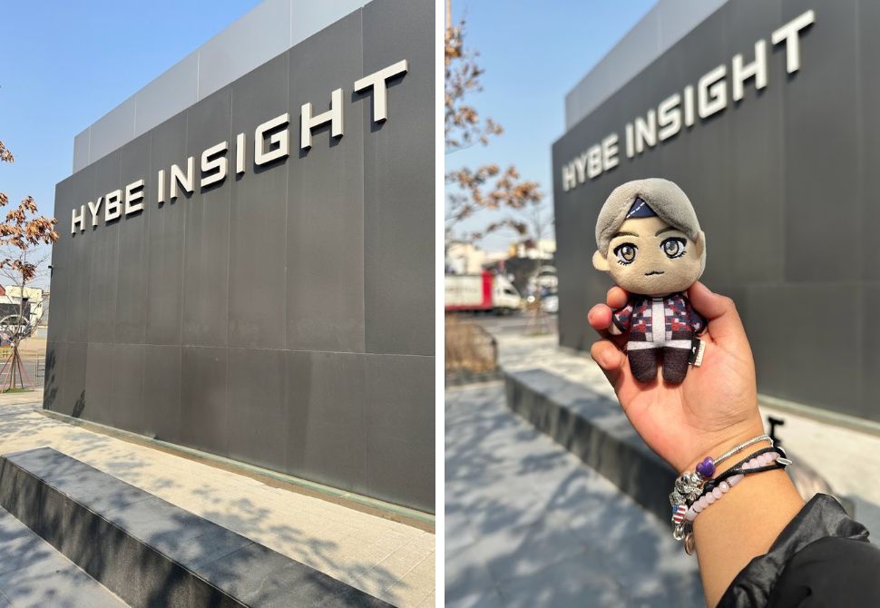 The hybe museum in Korea with a small plushie of V