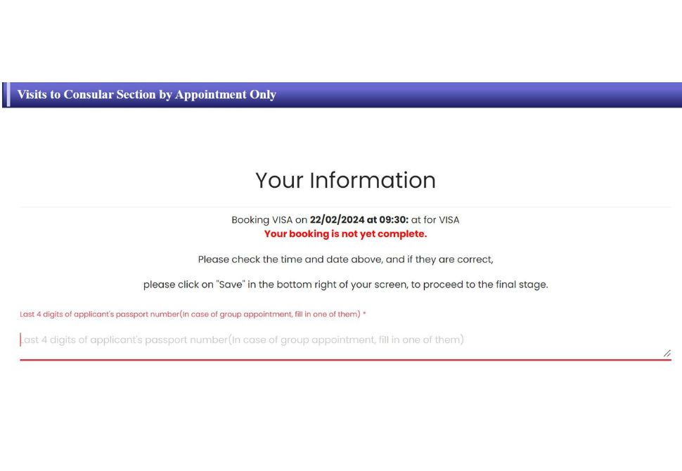 The page before confirmation when booking an appointment at the Japan embassy for the Japanese working holiday visa