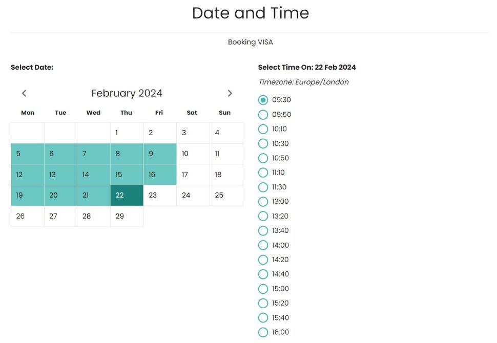 A screenshot of the Japan embassy website in London calendar when trying to book an appointment