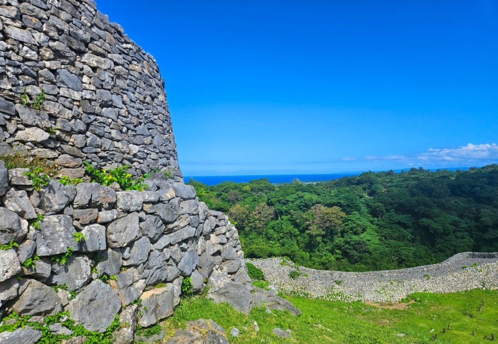 A view of one of the castle's tallest walls with the coast in the background